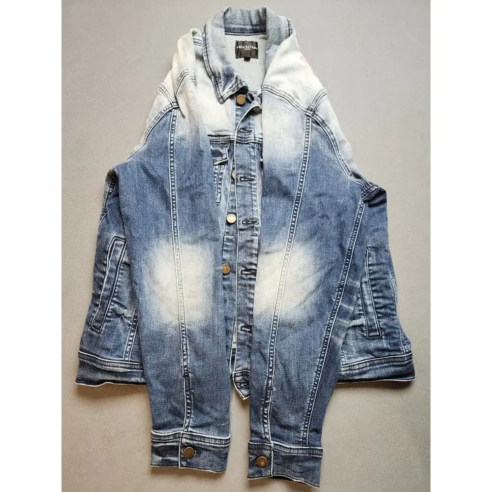 Rockstar Original Denim Jacket Mens‎ XXL Blue Saint Sinner Distressed Streetwear